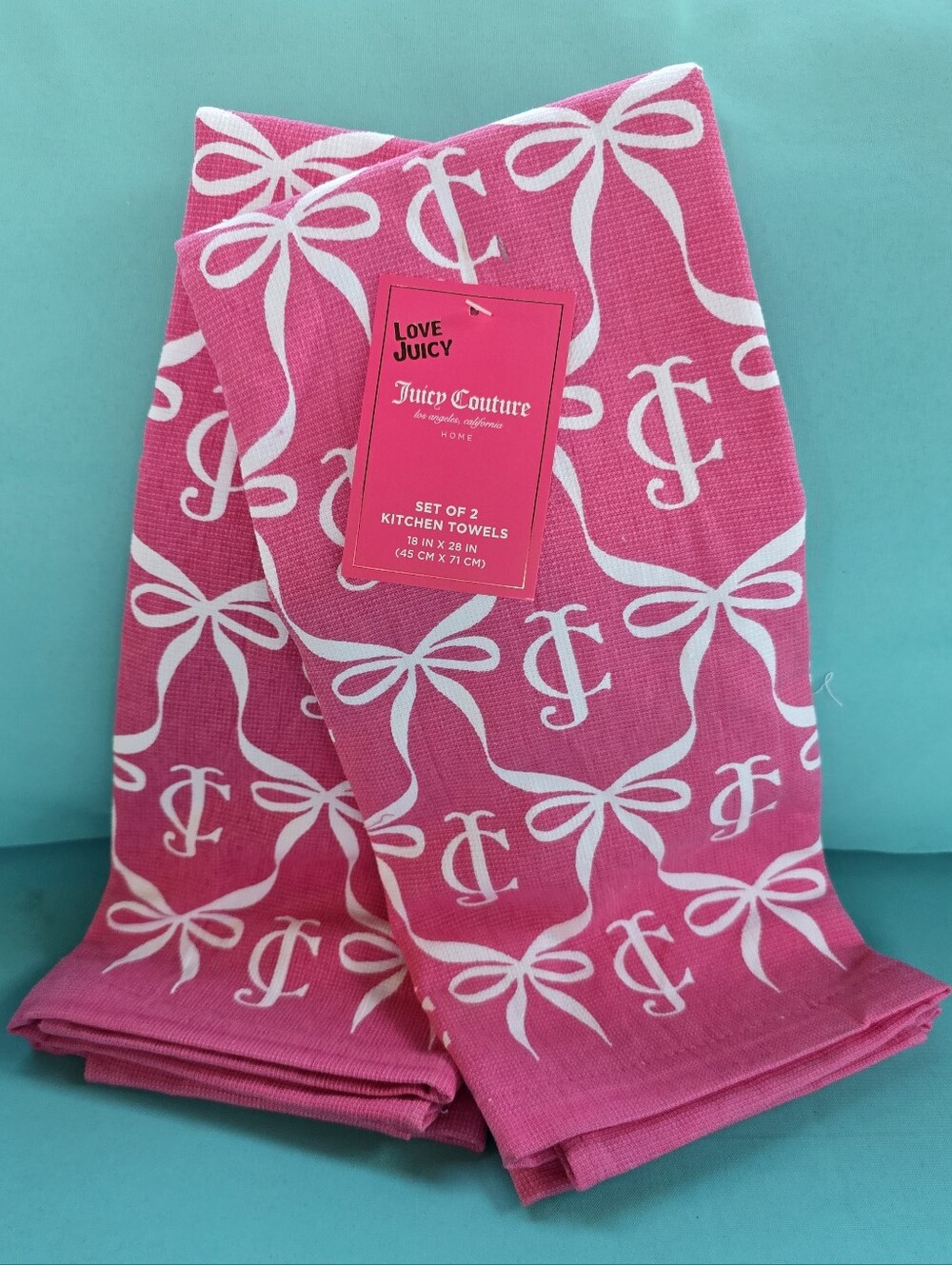 Juicy Couture Hot Pink Bow & JC Monogram Kitchen Towels - Set of 2